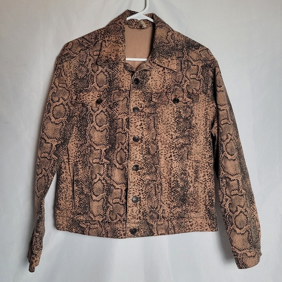 Free People Oversized Denim Jacket Snake Skin Print Brown Women's Size XS - Picture 1 of 11